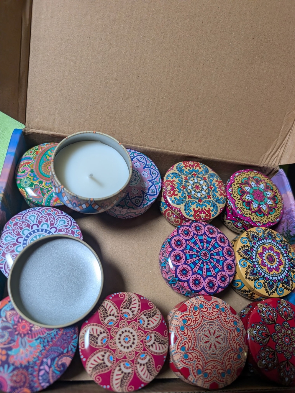 Decorative Mandala Tin Candle - Pink, Blue & Gold